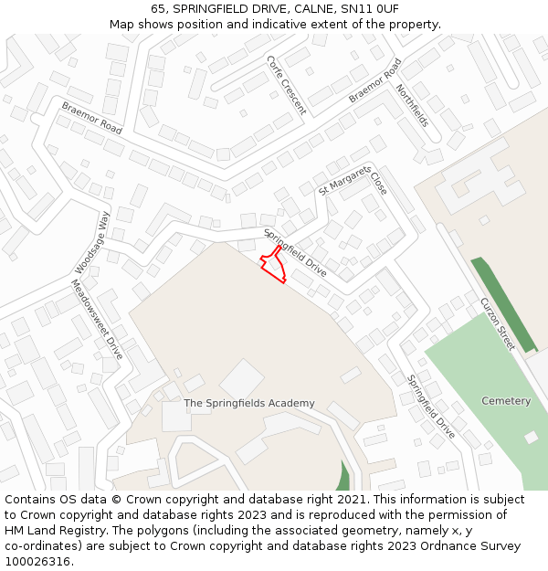 65, SPRINGFIELD DRIVE, CALNE, SN11 0UF: Location map and indicative extent of plot