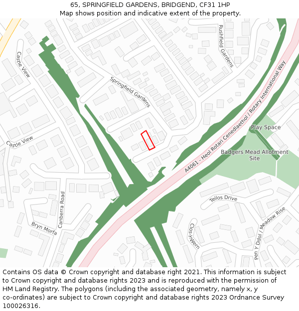65, SPRINGFIELD GARDENS, BRIDGEND, CF31 1HP: Location map and indicative extent of plot