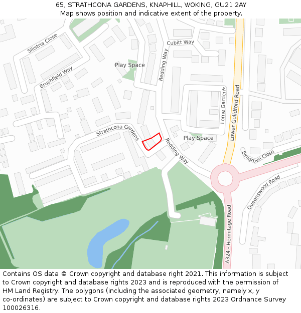 65, STRATHCONA GARDENS, KNAPHILL, WOKING, GU21 2AY: Location map and indicative extent of plot