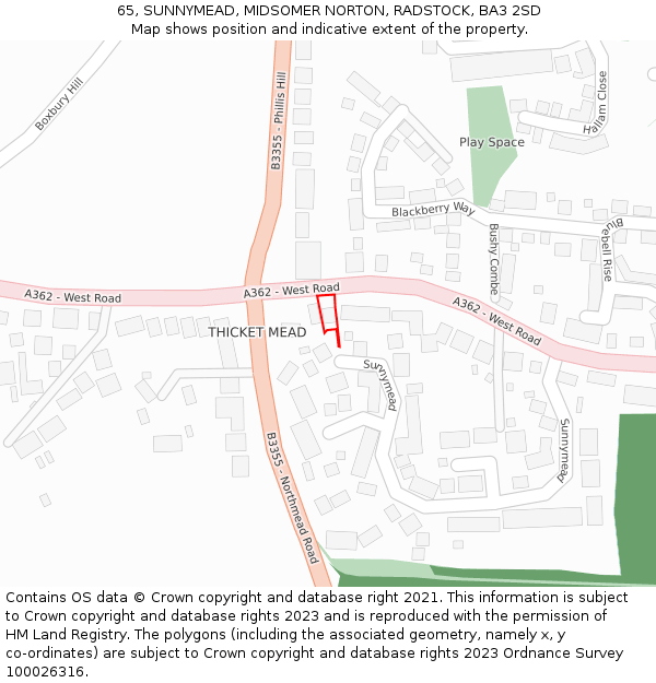 65, SUNNYMEAD, MIDSOMER NORTON, RADSTOCK, BA3 2SD: Location map and indicative extent of plot