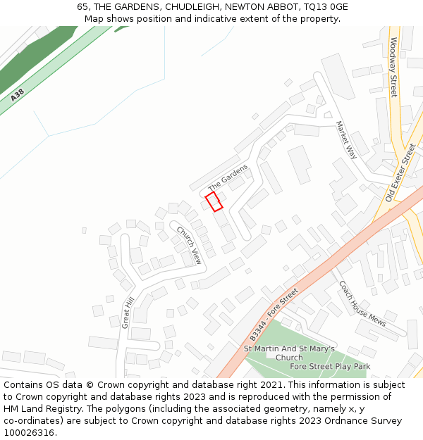 65, THE GARDENS, CHUDLEIGH, NEWTON ABBOT, TQ13 0GE: Location map and indicative extent of plot