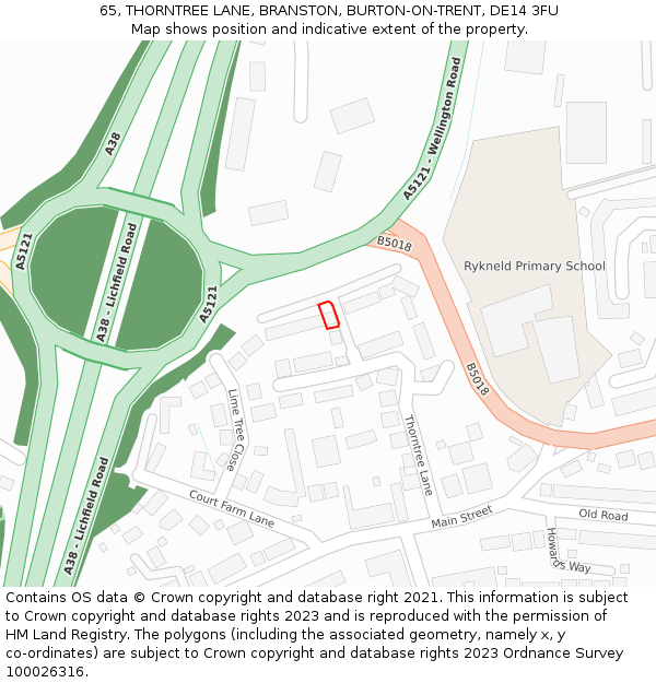 65, THORNTREE LANE, BRANSTON, BURTON-ON-TRENT, DE14 3FU: Location map and indicative extent of plot