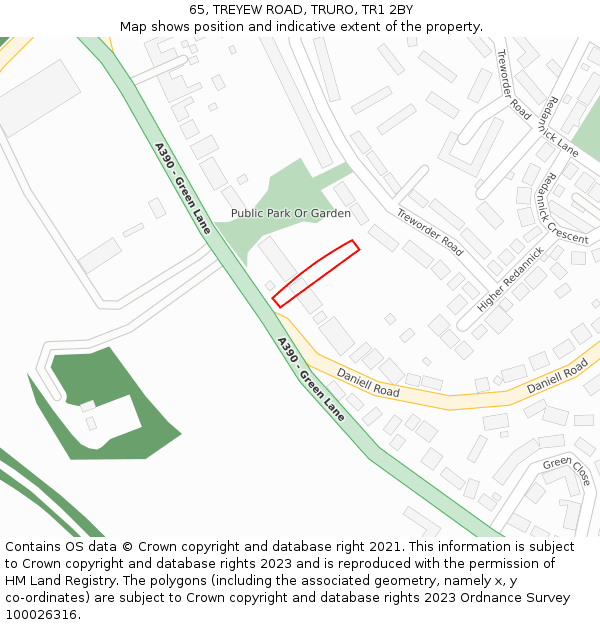 65, TREYEW ROAD, TRURO, TR1 2BY: Location map and indicative extent of plot