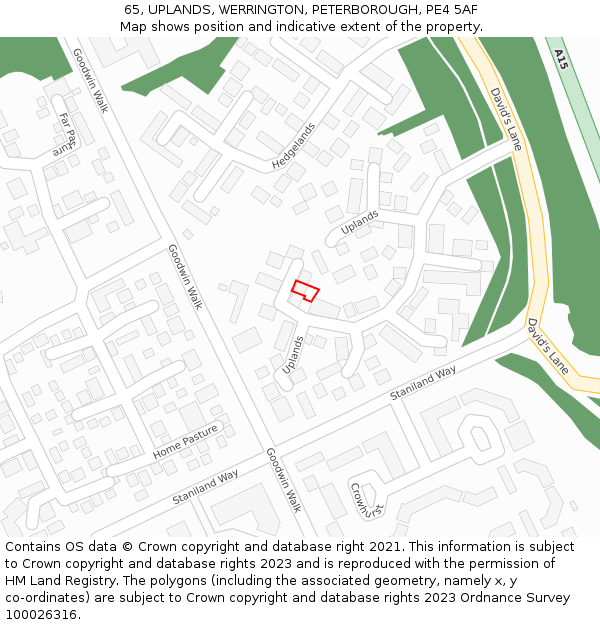 65, UPLANDS, WERRINGTON, PETERBOROUGH, PE4 5AF: Location map and indicative extent of plot