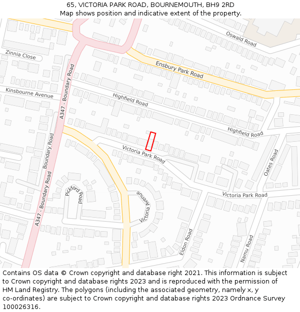 65, VICTORIA PARK ROAD, BOURNEMOUTH, BH9 2RD: Location map and indicative extent of plot