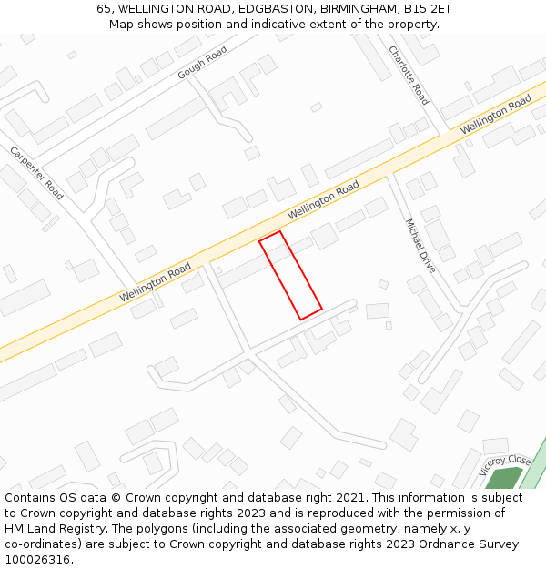 65, WELLINGTON ROAD, EDGBASTON, BIRMINGHAM, B15 2ET: Location map and indicative extent of plot