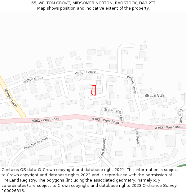 65, WELTON GROVE, MIDSOMER NORTON, RADSTOCK, BA3 2TT: Location map and indicative extent of plot