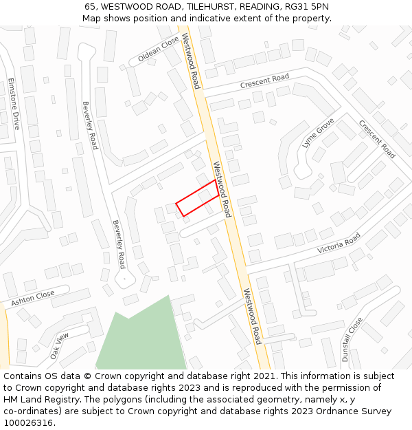 65, WESTWOOD ROAD, TILEHURST, READING, RG31 5PN: Location map and indicative extent of plot