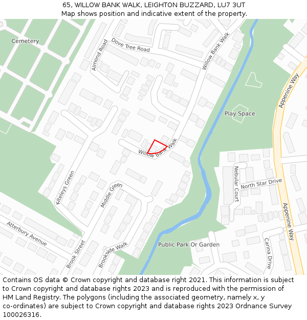 65, WILLOW BANK WALK, LEIGHTON BUZZARD, LU7 3UT: Location map and indicative extent of plot