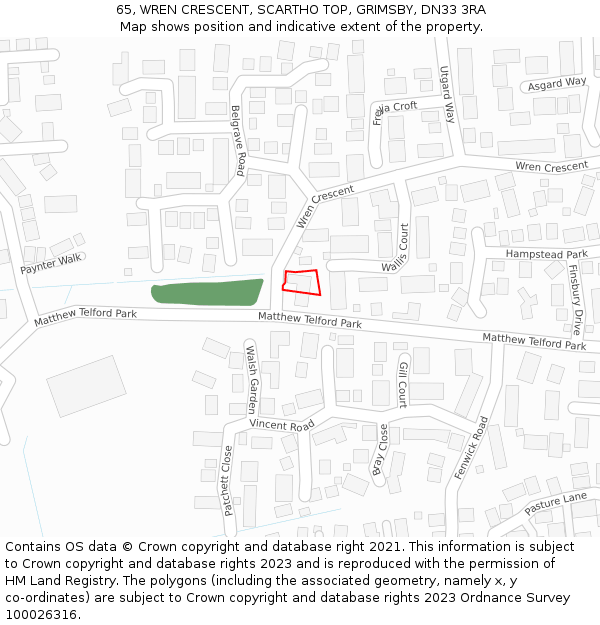 65, WREN CRESCENT, SCARTHO TOP, GRIMSBY, DN33 3RA: Location map and indicative extent of plot
