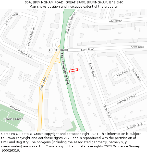 65A, BIRMINGHAM ROAD, GREAT BARR, BIRMINGHAM, B43 6NX: Location map and indicative extent of plot