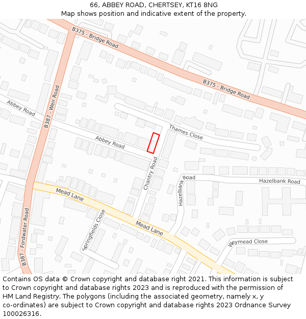 66, ABBEY ROAD, CHERTSEY, KT16 8NG: Location map and indicative extent of plot