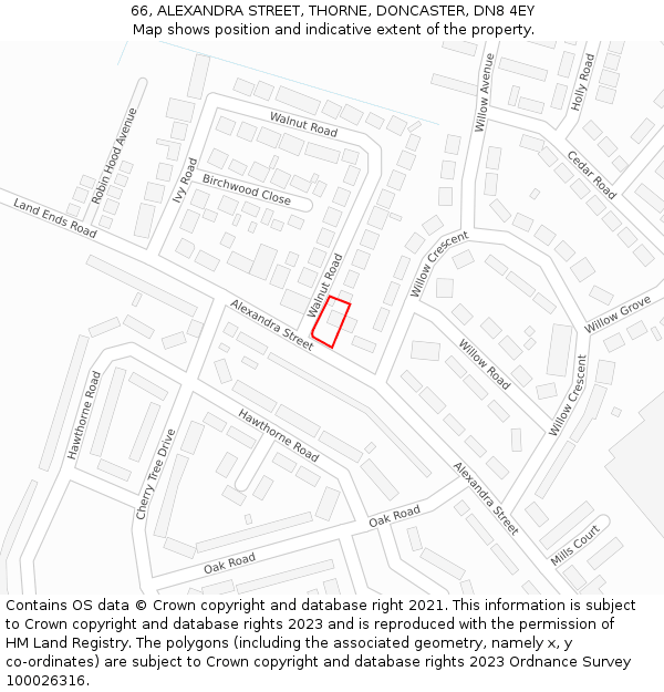 66, ALEXANDRA STREET, THORNE, DONCASTER, DN8 4EY: Location map and indicative extent of plot