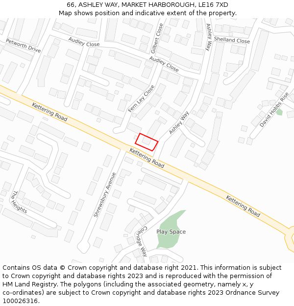 66, ASHLEY WAY, MARKET HARBOROUGH, LE16 7XD: Location map and indicative extent of plot