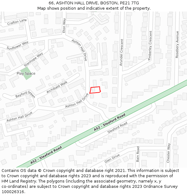 66, ASHTON HALL DRIVE, BOSTON, PE21 7TG: Location map and indicative extent of plot