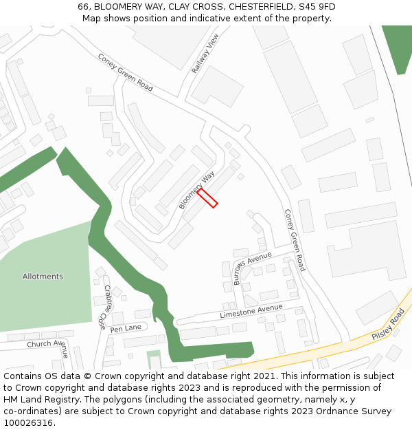 66, BLOOMERY WAY, CLAY CROSS, CHESTERFIELD, S45 9FD: Location map and indicative extent of plot
