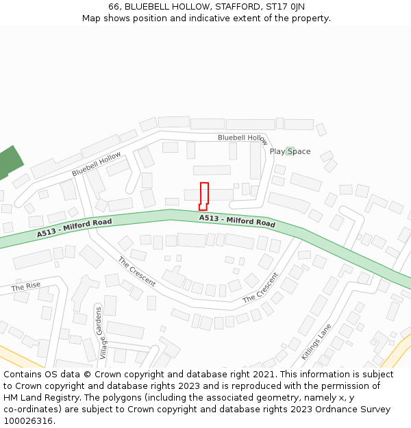 66, BLUEBELL HOLLOW, STAFFORD, ST17 0JN: Location map and indicative extent of plot