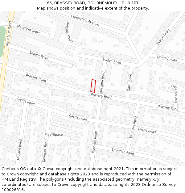 66, BRASSEY ROAD, BOURNEMOUTH, BH9 1PT: Location map and indicative extent of plot