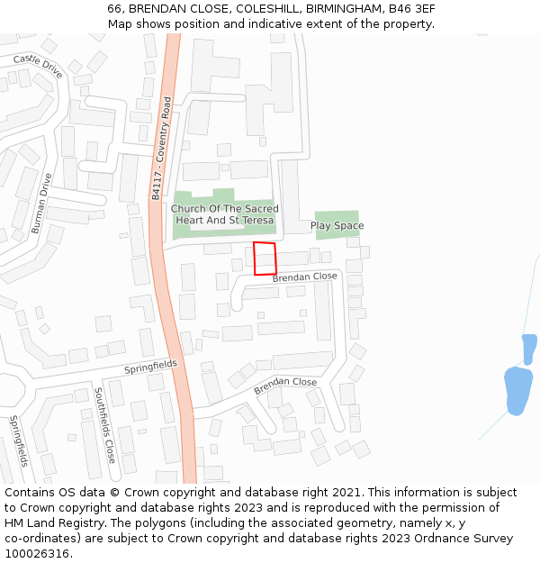 66, BRENDAN CLOSE, COLESHILL, BIRMINGHAM, B46 3EF: Location map and indicative extent of plot