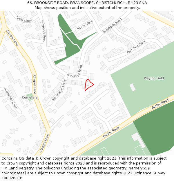 66, BROOKSIDE ROAD, BRANSGORE, CHRISTCHURCH, BH23 8NA: Location map and indicative extent of plot