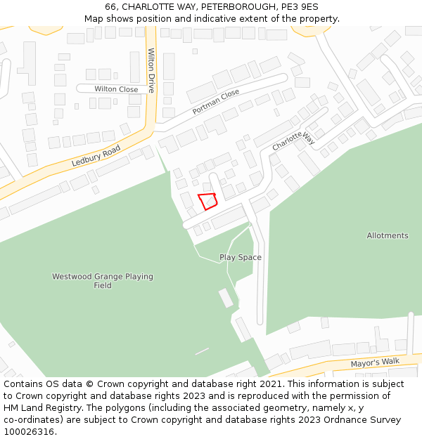 66, CHARLOTTE WAY, PETERBOROUGH, PE3 9ES: Location map and indicative extent of plot