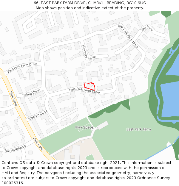 66, EAST PARK FARM DRIVE, CHARVIL, READING, RG10 9US: Location map and indicative extent of plot