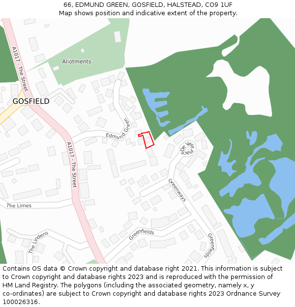 66, EDMUND GREEN, GOSFIELD, HALSTEAD, CO9 1UF: Location map and indicative extent of plot
