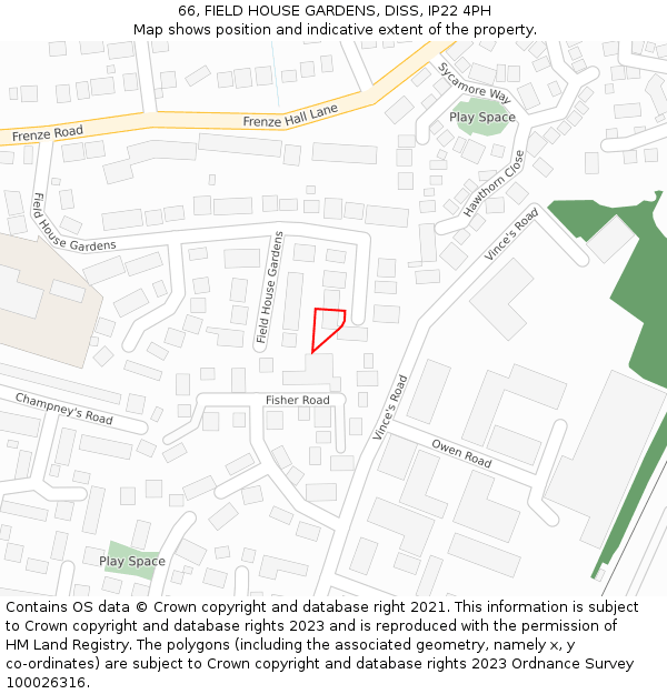 66, FIELD HOUSE GARDENS, DISS, IP22 4PH: Location map and indicative extent of plot