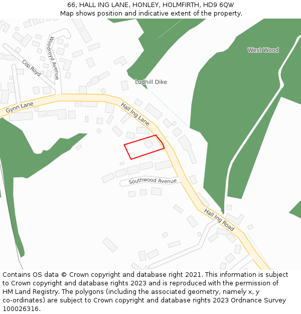 66, HALL ING LANE, HONLEY, HOLMFIRTH, HD9 6QW: Location map and indicative extent of plot