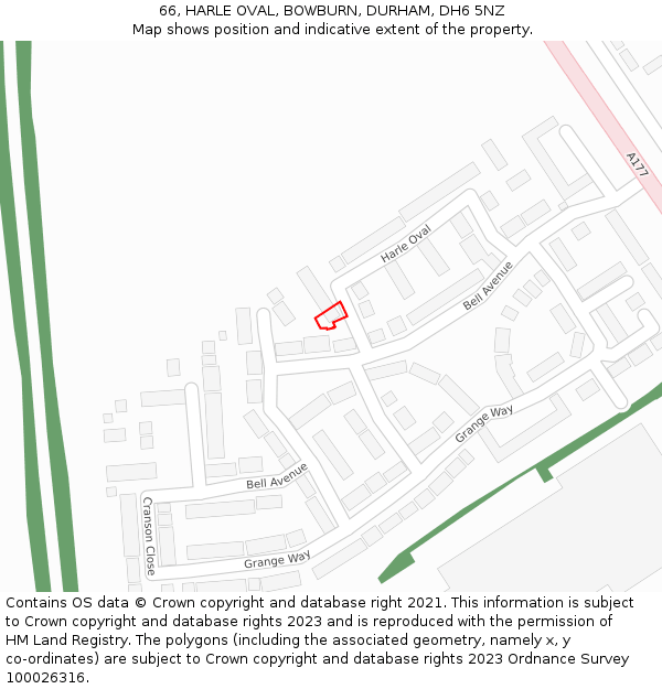 66, HARLE OVAL, BOWBURN, DURHAM, DH6 5NZ: Location map and indicative extent of plot