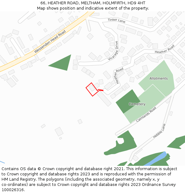 66, HEATHER ROAD, MELTHAM, HOLMFIRTH, HD9 4HT: Location map and indicative extent of plot