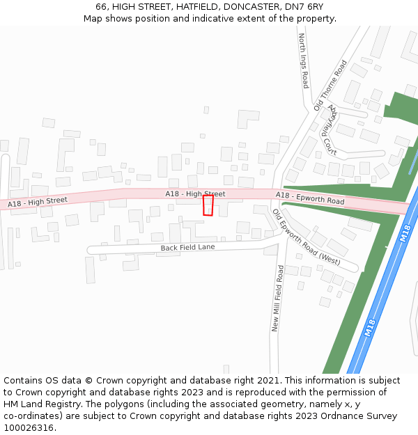 66, HIGH STREET, HATFIELD, DONCASTER, DN7 6RY: Location map and indicative extent of plot