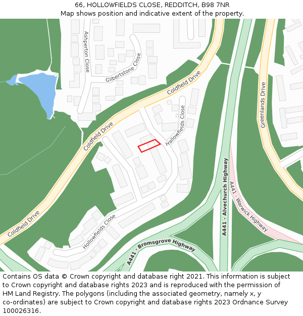 66, HOLLOWFIELDS CLOSE, REDDITCH, B98 7NR: Location map and indicative extent of plot