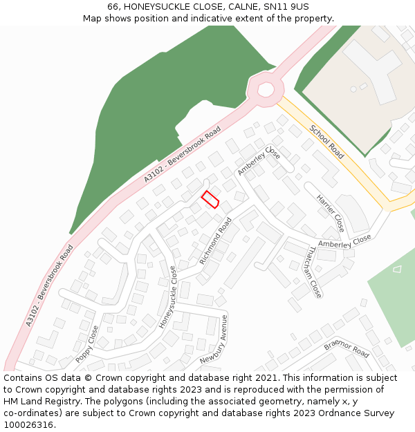 66, HONEYSUCKLE CLOSE, CALNE, SN11 9US: Location map and indicative extent of plot