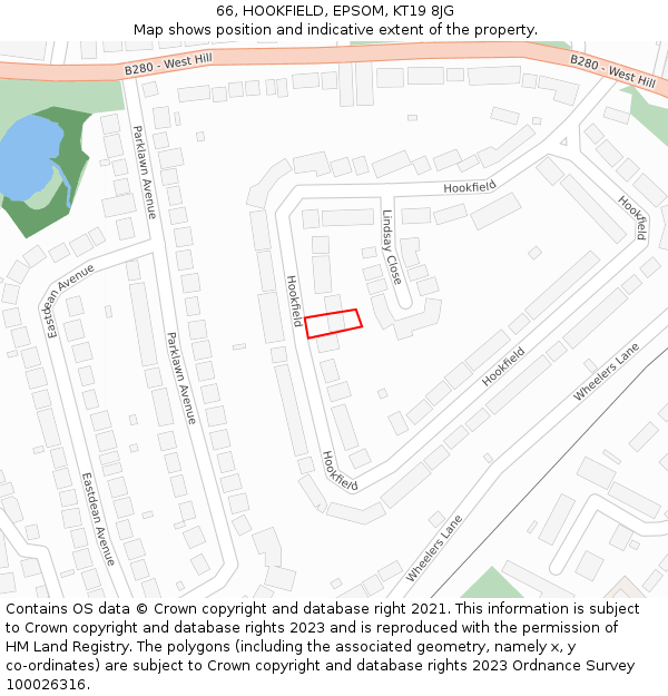 66, HOOKFIELD, EPSOM, KT19 8JG: Location map and indicative extent of plot