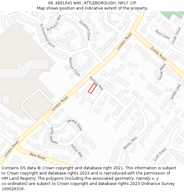 66, KEELING WAY, ATTLEBOROUGH, NR17 1YF: Location map and indicative extent of plot