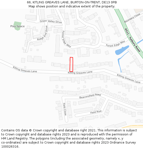 66, KITLING GREAVES LANE, BURTON-ON-TRENT, DE13 0PB: Location map and indicative extent of plot
