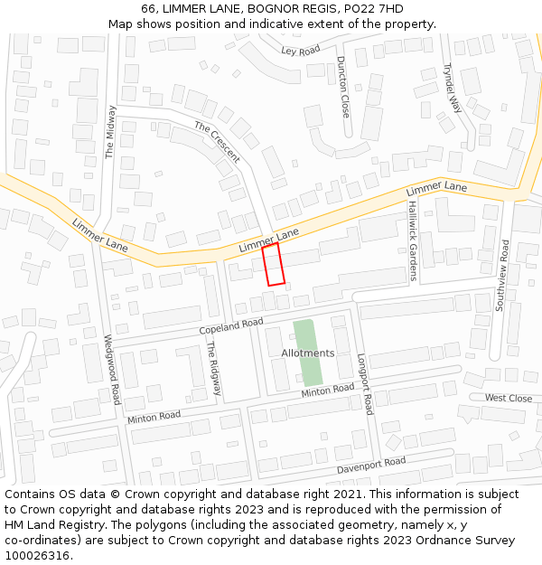 66, LIMMER LANE, BOGNOR REGIS, PO22 7HD: Location map and indicative extent of plot