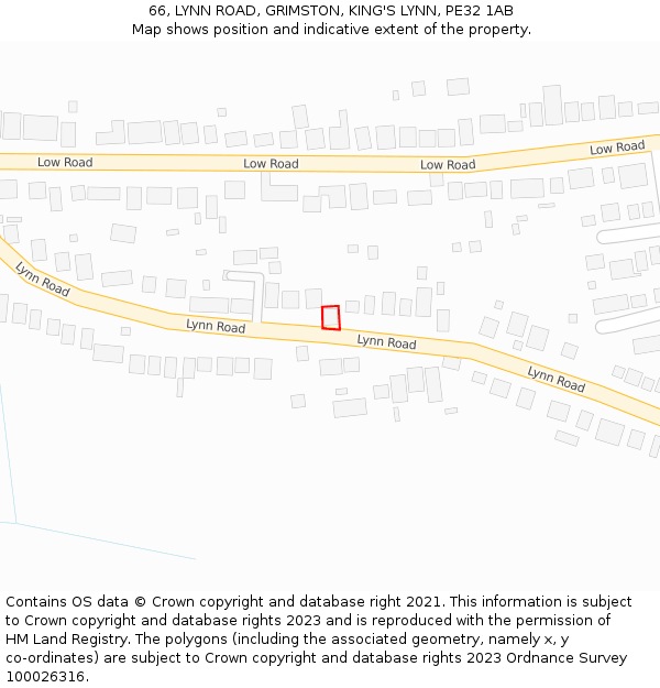 66, LYNN ROAD, GRIMSTON, KING'S LYNN, PE32 1AB: Location map and indicative extent of plot