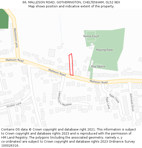 66, MALLESON ROAD, GOTHERINGTON, CHELTENHAM, GL52 9EX: Location map and indicative extent of plot