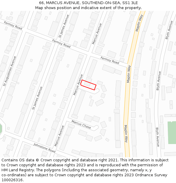 66, MARCUS AVENUE, SOUTHEND-ON-SEA, SS1 3LE: Location map and indicative extent of plot
