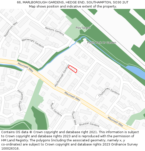 66, MARLBOROUGH GARDENS, HEDGE END, SOUTHAMPTON, SO30 2UT: Location map and indicative extent of plot