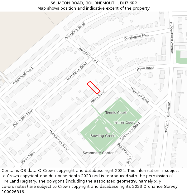 66, MEON ROAD, BOURNEMOUTH, BH7 6PP: Location map and indicative extent of plot
