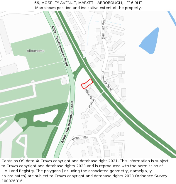 66, MOSELEY AVENUE, MARKET HARBOROUGH, LE16 9HT: Location map and indicative extent of plot