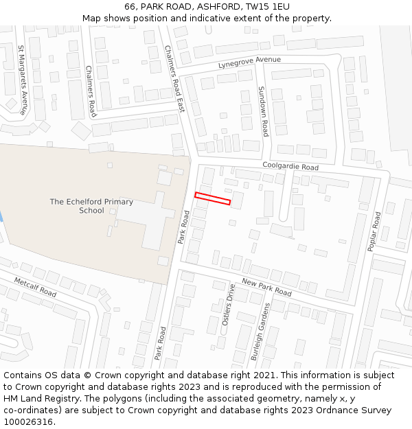 66, PARK ROAD, ASHFORD, TW15 1EU: Location map and indicative extent of plot