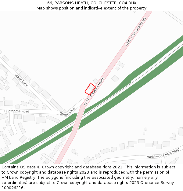 66, PARSONS HEATH, COLCHESTER, CO4 3HX: Location map and indicative extent of plot