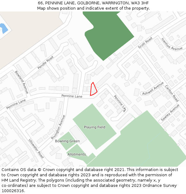 66, PENNINE LANE, GOLBORNE, WARRINGTON, WA3 3HF: Location map and indicative extent of plot