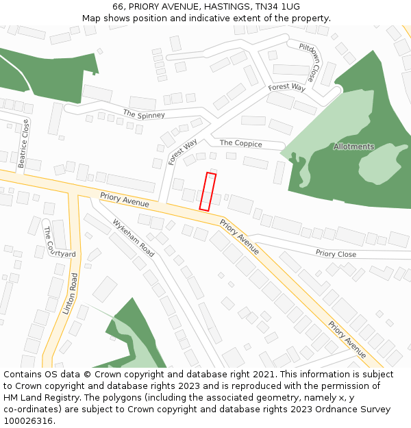 66, PRIORY AVENUE, HASTINGS, TN34 1UG: Location map and indicative extent of plot