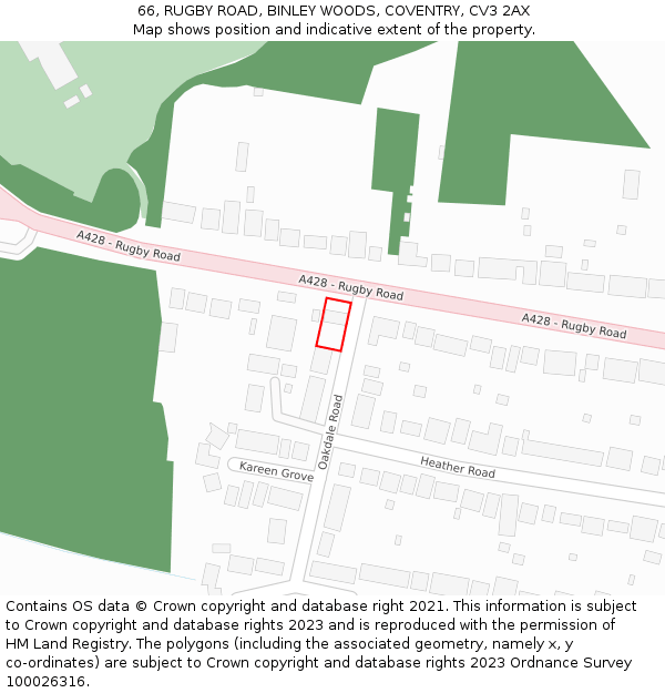 66, RUGBY ROAD, BINLEY WOODS, COVENTRY, CV3 2AX: Location map and indicative extent of plot