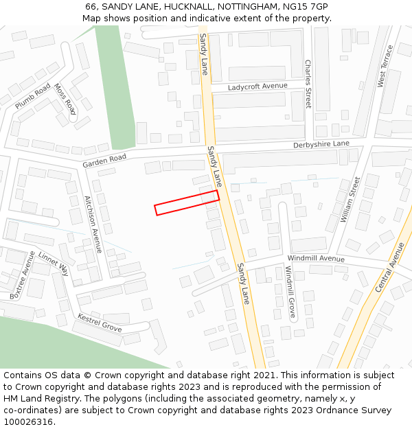 66, SANDY LANE, HUCKNALL, NOTTINGHAM, NG15 7GP: Location map and indicative extent of plot
